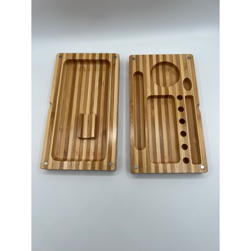 Bamboo Wood Magnetic Rolling Tray Two Piece Folding Storage Box Natural Striped